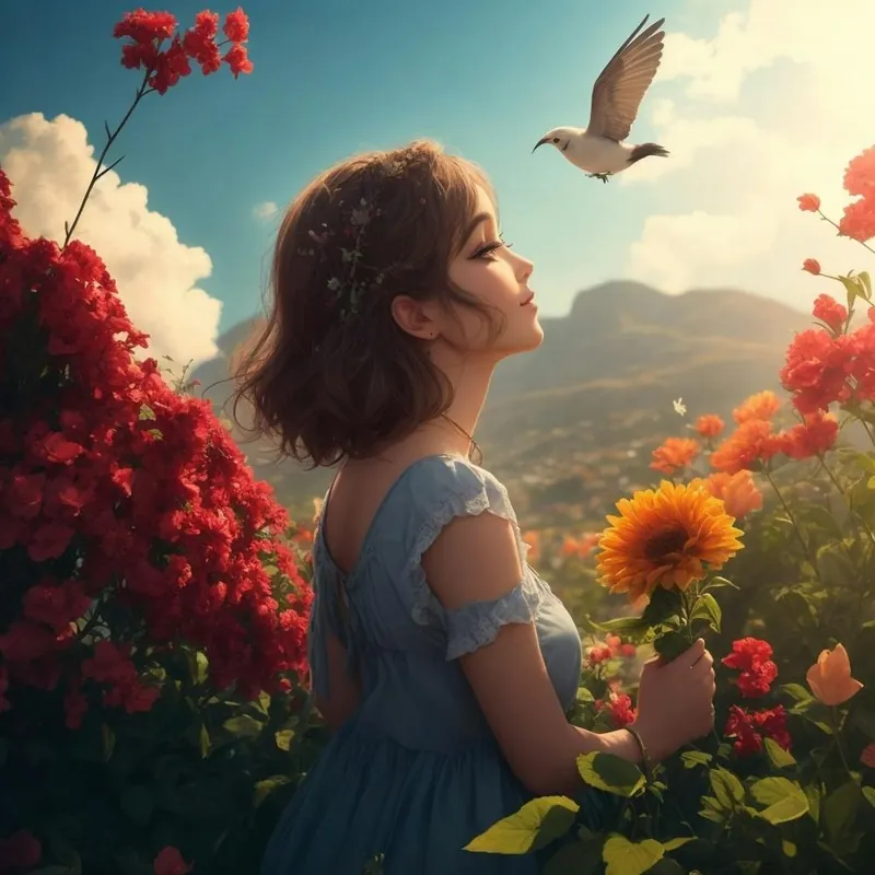 Original Girl In A Flower Field