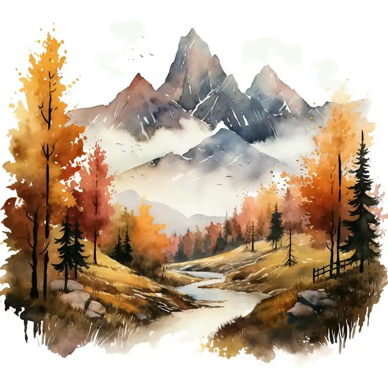 Watercolor Of Mountains In Autumn Direct From Factory