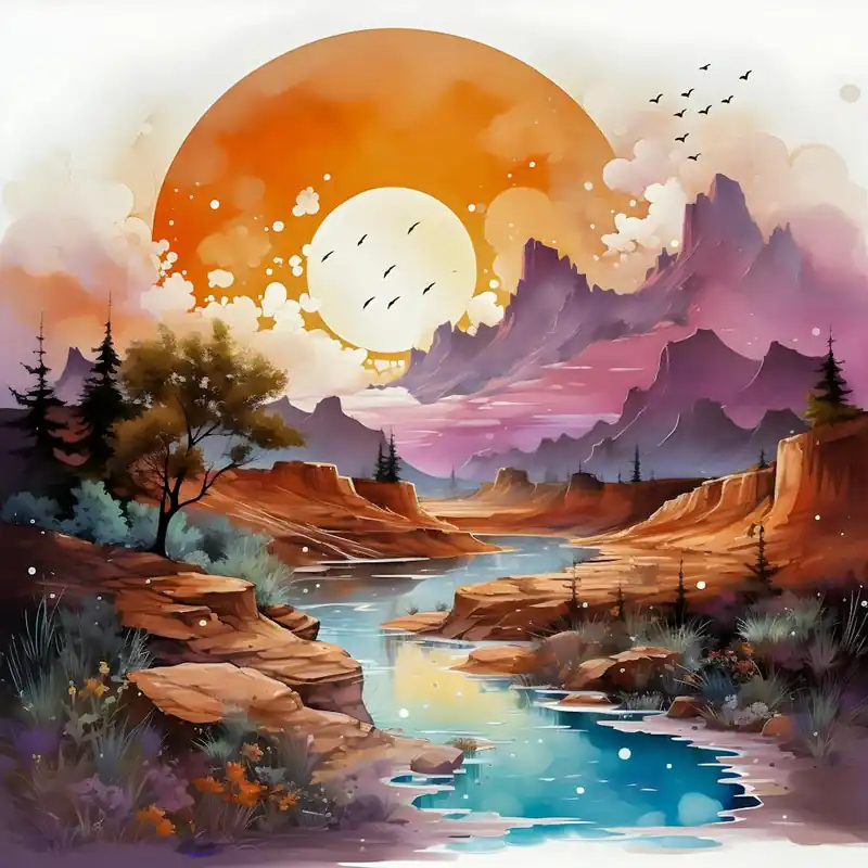 Today Only Enchanting Sunset Landscape Art: Vibrant Digital Painting of a Serene River and Mountains