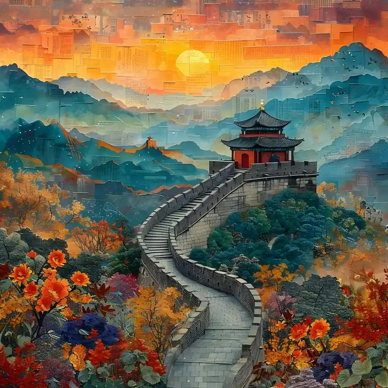 Great Wall Of China at sunset, retro collage New Release