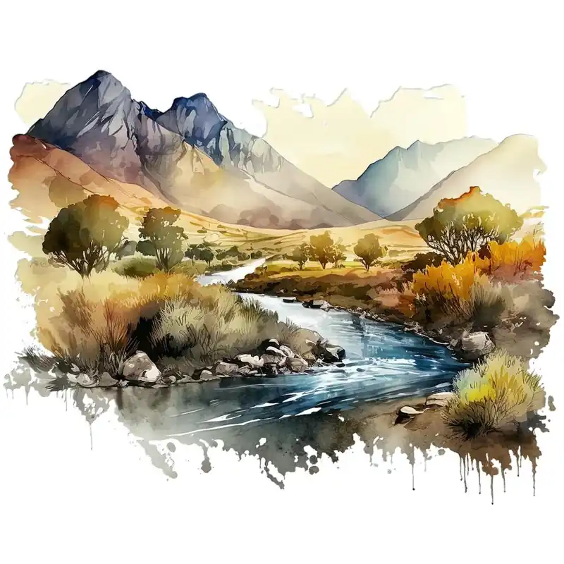 Watercolor Landscape With River Original