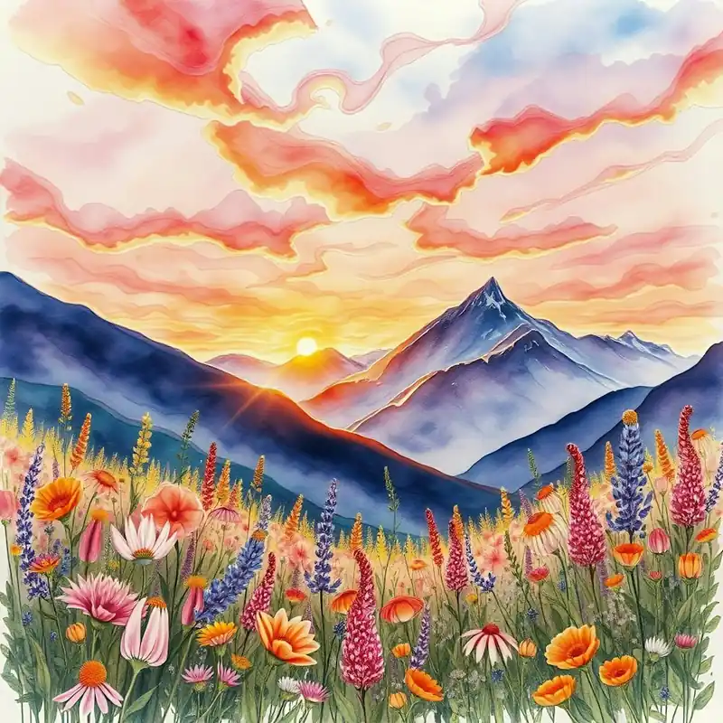 Trending Watercolor Of Mountains And Flowers 3