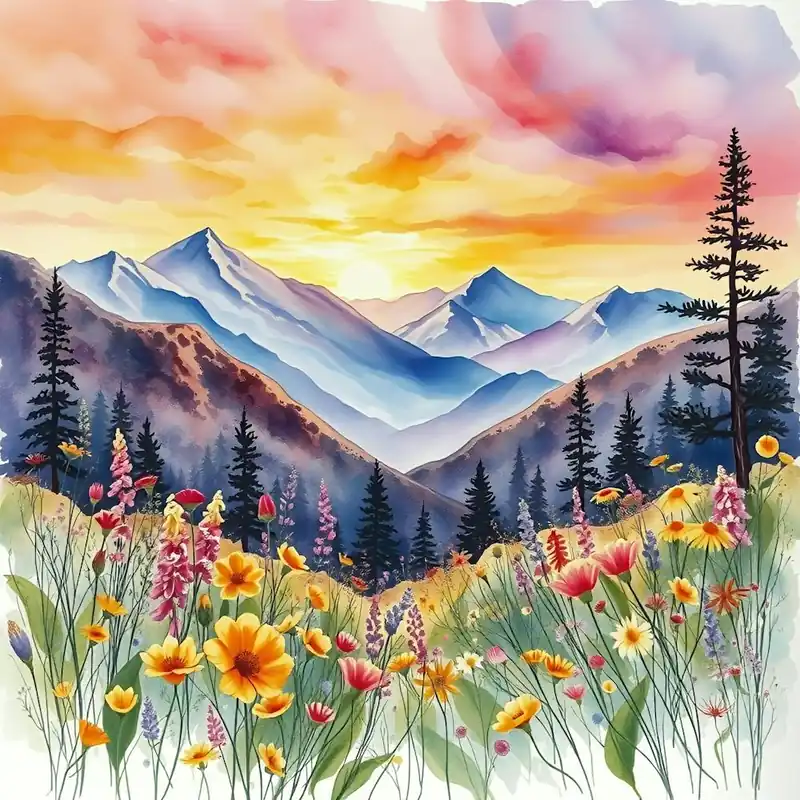 Wholesale Watercolor Of Mountains And Flowers 2