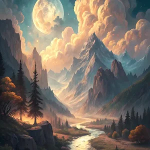 While Supplies Last Mystical Dreamscape of Towering Mountains Oil Painting Style