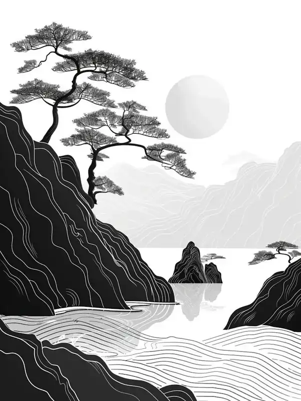 Hot Picks Chinese Landscape, Linear, Woodcut Style, Black And White, Flat, Chinese Culture Inspired, Minimalism, Abstract Outlines, Elegant Layout 1