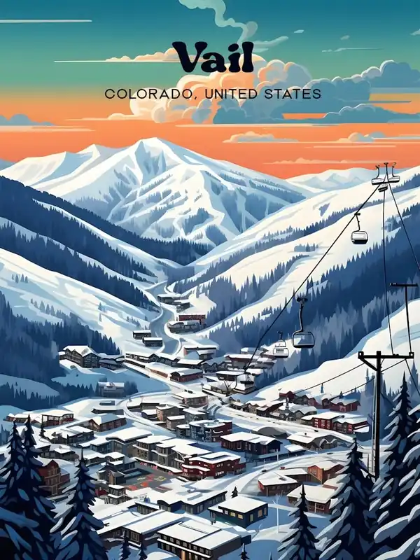 Vail Colorado USA Snow Mountain Travel Art Illustration Professional Grade