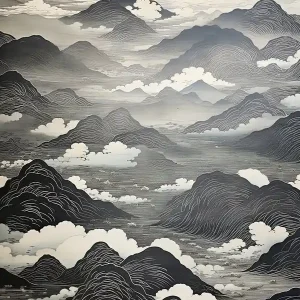 Yatsugatake Mountains In Yamanashi, Ukiyo E Black And White Line Art Drawing 1 Premium