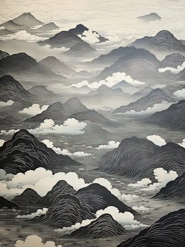 Yatsugatake Mountains In Yamanashi, Ukiyo E Black And White Line Art Drawing 1 Premium