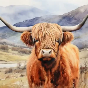 Watercolour Portrait Of Highland Cow In The Grass With The Mountains Secure Checkout