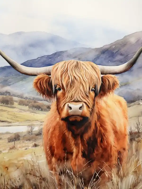 Watercolour Portrait Of Highland Cow In The Grass With The Mountains Secure Checkout