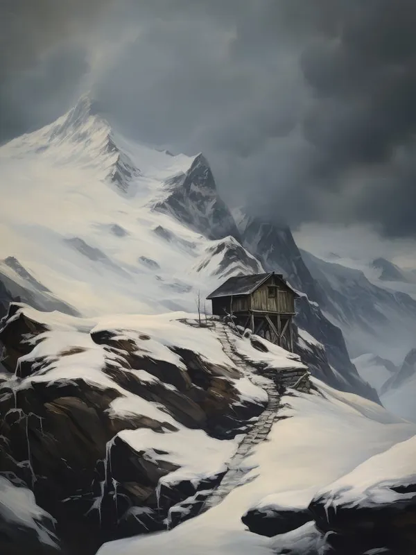 Crafted Winter Mountain Cabin Painting