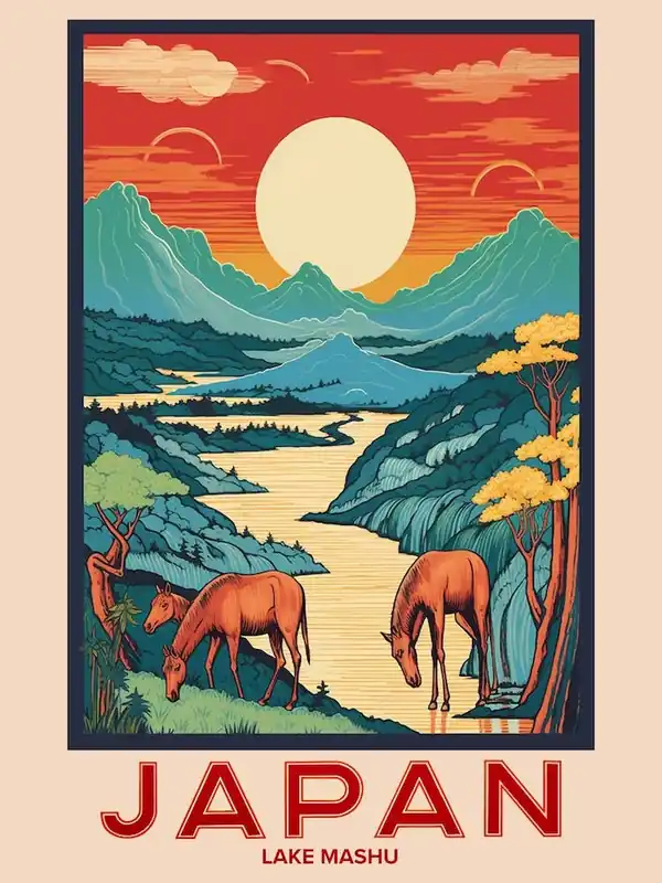 Lake Mashu, Visit Japan Vintage Travel Art 4 Price Cut