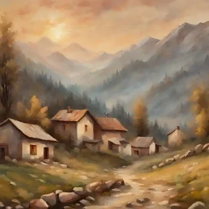 Viral Village In The Mountains oil painting style landscape format