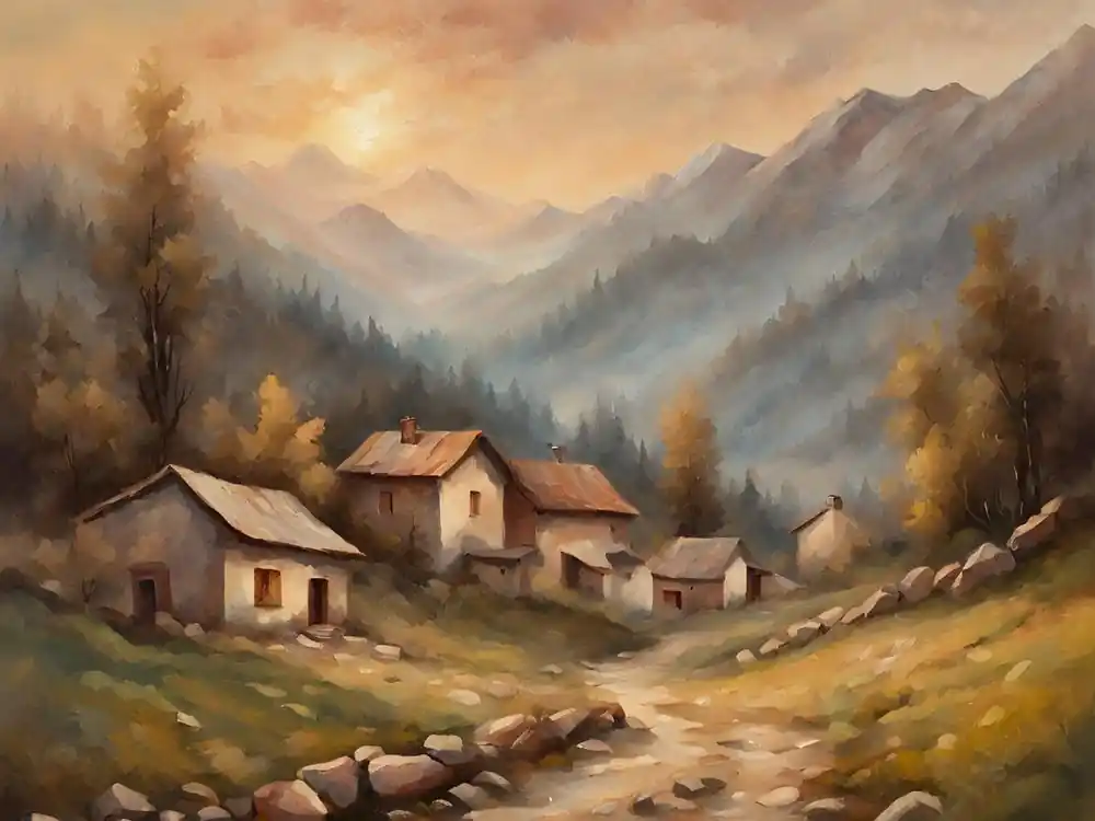 Viral Village In The Mountains oil painting style landscape format