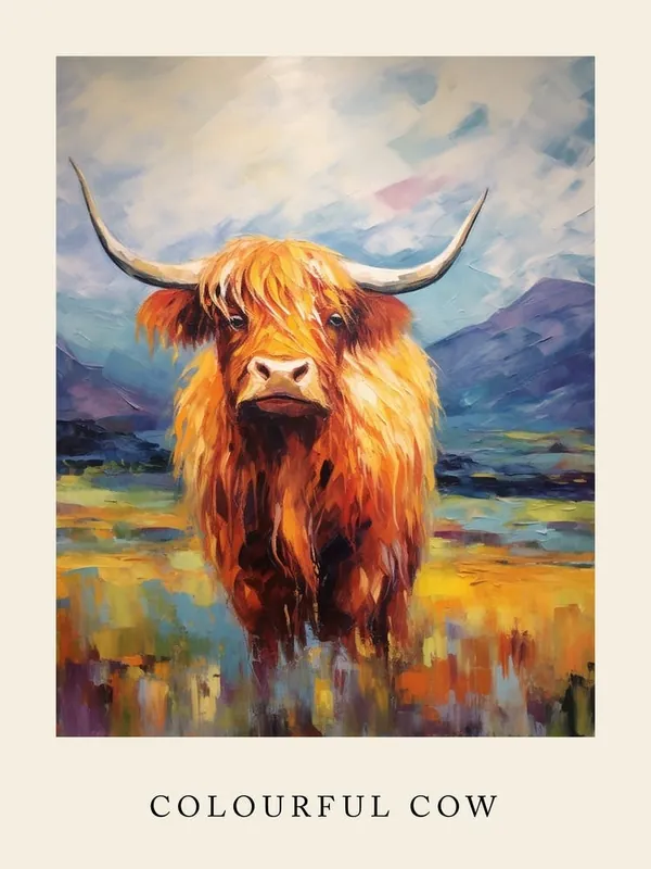 Free Shipping Colourful Brushstroke Of A Highland Cow By The Mountains