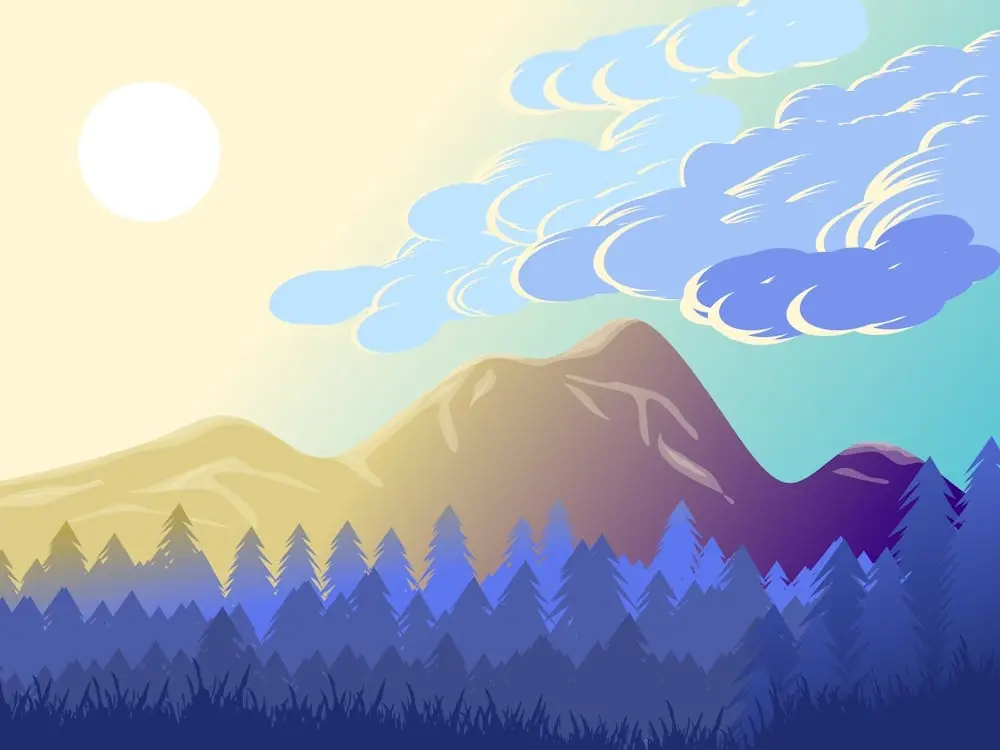Mountains Forest Landscape Sky Clouds Sun Sunlight Glow Trees Mountain Range Environment Nature Scenery Scenic Minimalist Art Wholesale