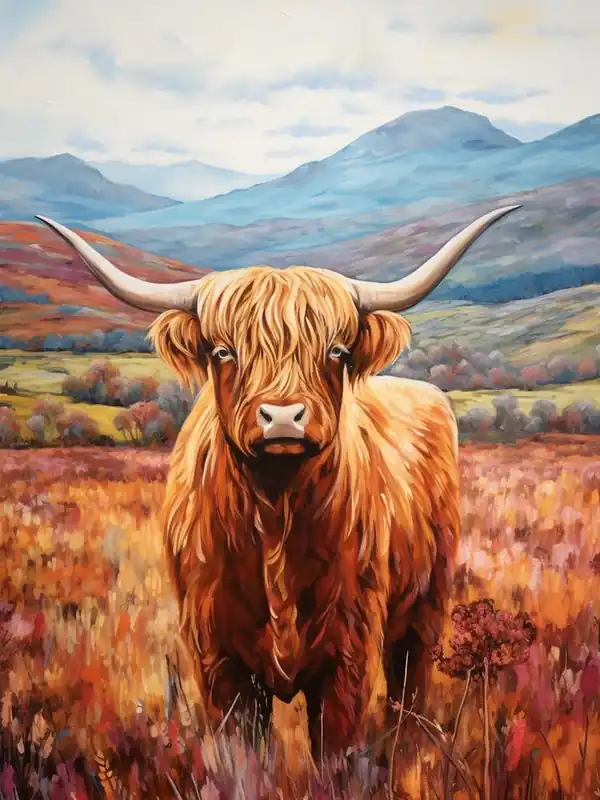 Holiday Sale Brushstroke Impressionism Style Painting Of A Highland Cow In The Scottish Valley 5