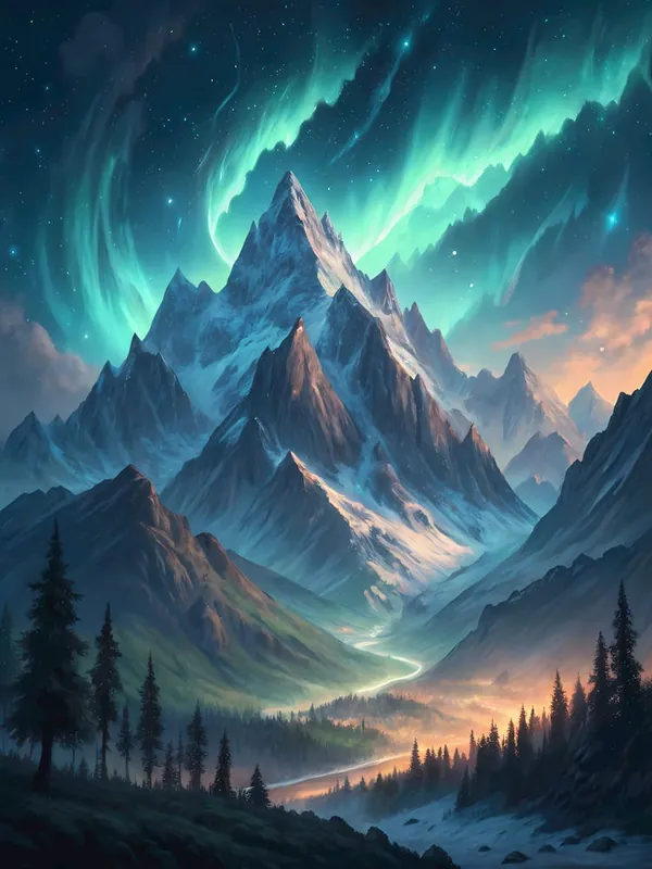 Oil Painting Style Aurora Mountain Landscape Fantasy Peaks with Northern Lights and Forest Best Price