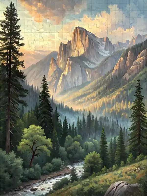 Oil Painting Style Majestic Mountain Forest River Landscape & Pine Trees Hassle-Free Returns