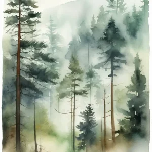 Today Only Appalachian Mountains of Misty Pines Watercolor Print of Evergreen Forest..125