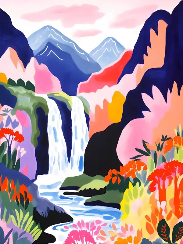 Final Sale Colorful Waterfall & Mountain Landscape Vibrant Nature Wall Art In Modern Abstract Style