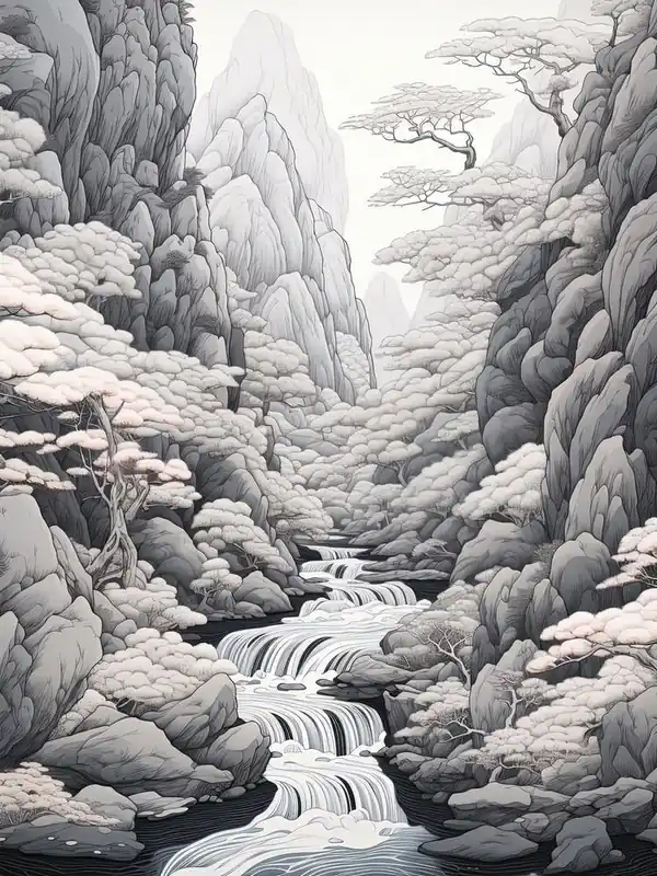 Shosenkyo Gorge In Yamanashi, Ukiyo E Black And White Line Art Drawing 1 Direct From Factory
