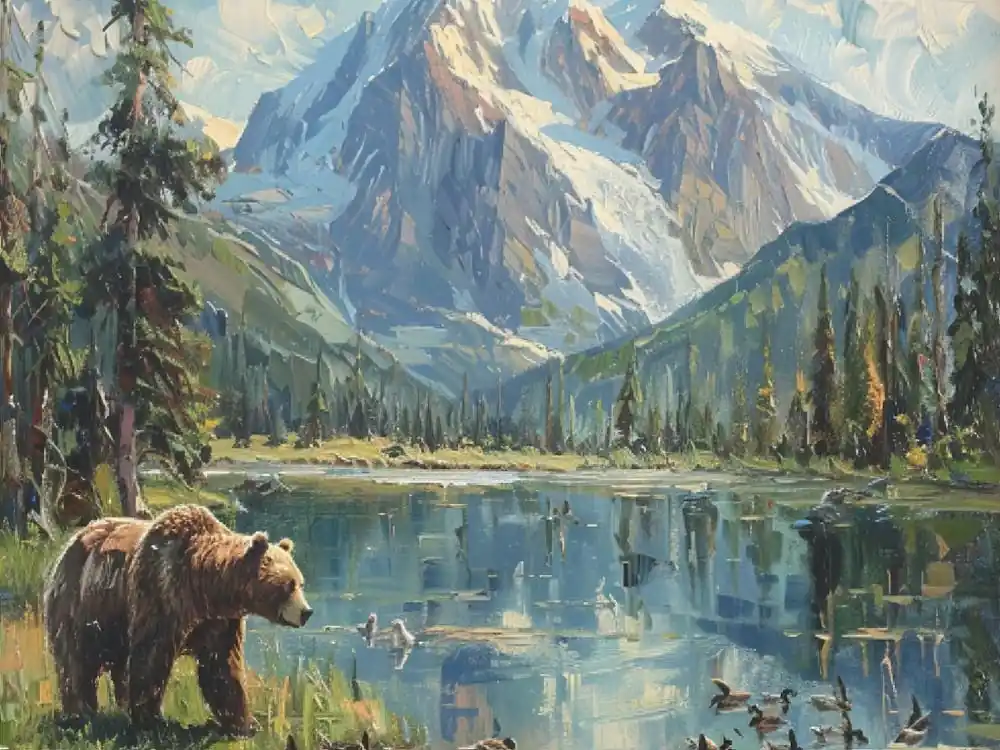Alaskan Bear Painting, Landscape Art, Wall Art, Wildlife Home Decor, Nature Gift, Canvas Print, Mountain Art, Bear Art, Animal Painting Hot Picks