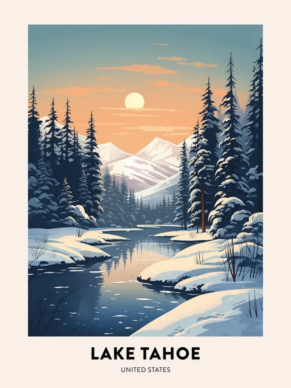 Worldwide Shipping Winter NightTravel Poster Lake Tahoe Usa 1