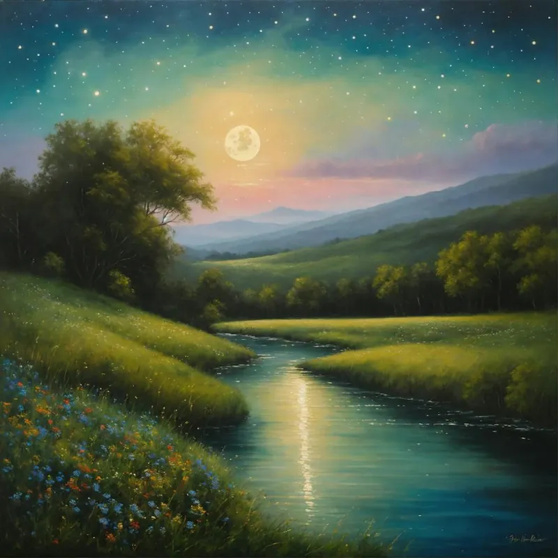 Oil painting picture of a very clear moon with stars, beautiful sky, river, flowers and sand 1 Editor’s Pick