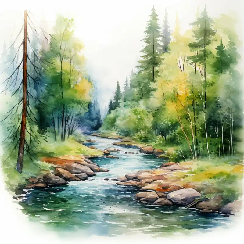 Watercolor Of A River In The Forest Latest