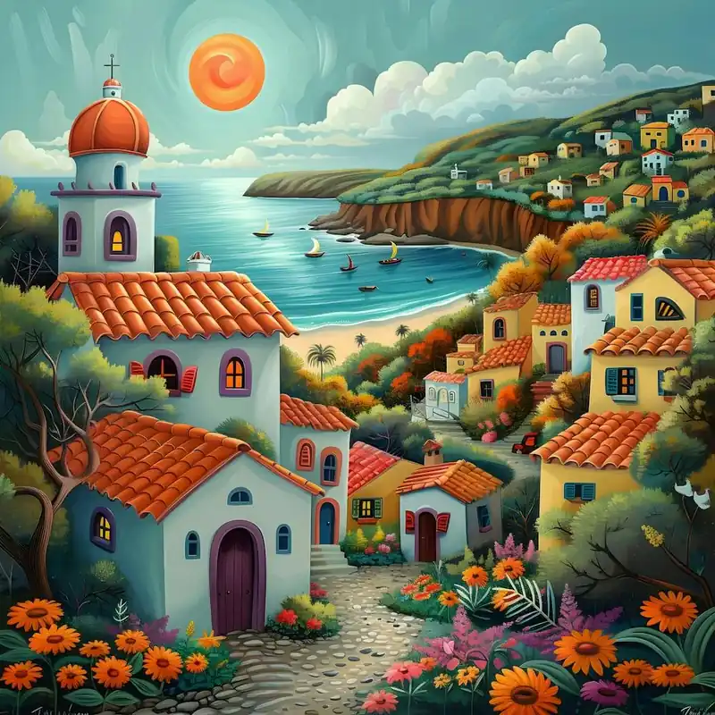 Village By The Sea, Naive, Whimsical, Folk Crafted