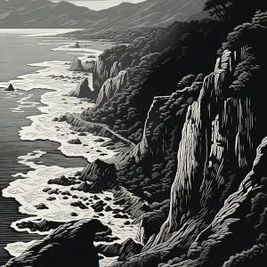 Tojinbo Cliffs In Fukui, Ukiyo E Black And White Line Art Drawing 1 Best Choice