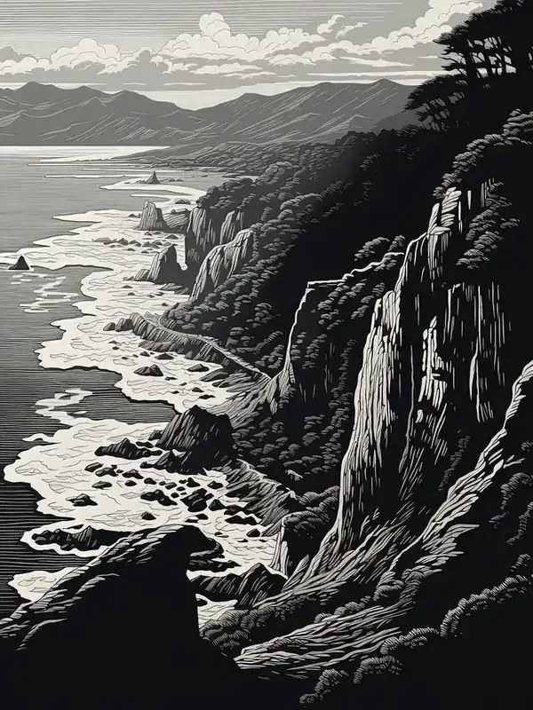 Tojinbo Cliffs In Fukui, Ukiyo E Black And White Line Art Drawing 1 Best Choice