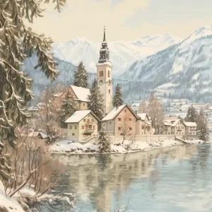 Trending Vintage Winter Illustration Lake Bled Slovenia 2
