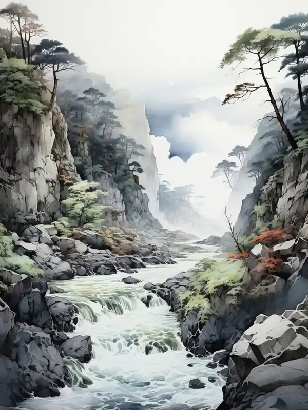 Sounkyo Gorge In Hokkaido, Japanese Brush Painting, Ukiyo E, Minimal 3 Instant Buy