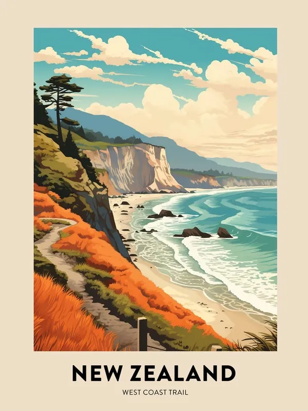 Warranty Included West Coast Trail New Zealand 2 Vintage Hiking Travel Poster