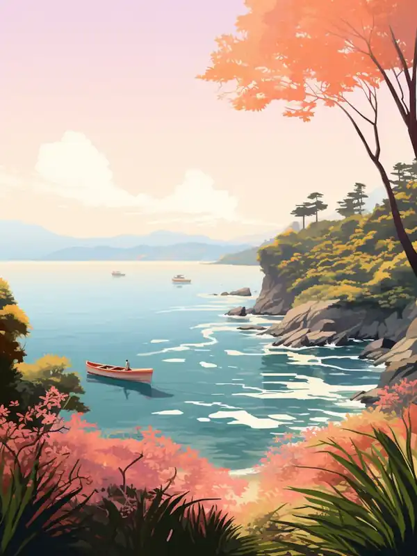Hassle-Free Returns An Illustration In Pink Tones Of A Boat And Trees Overlooking The Ocean 3