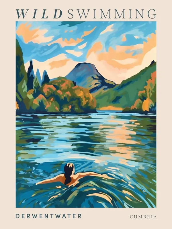 Worldwide Shipping Wild Swimming At Derwentwater Cumbria 1 Poster