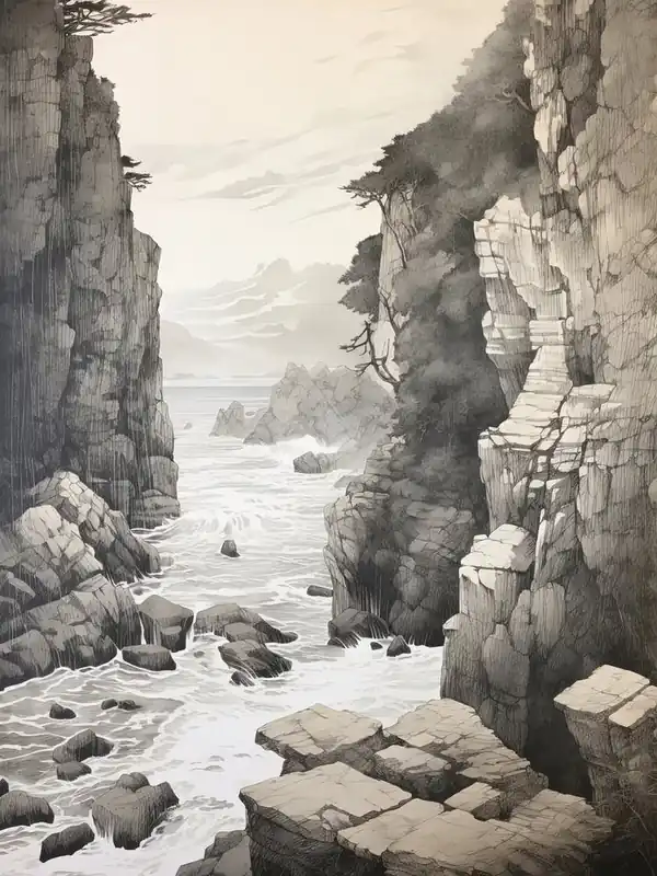 Deal Tojinbo Cliffs In Fukui, Ukiyo E Black And White Line Art Drawing 3