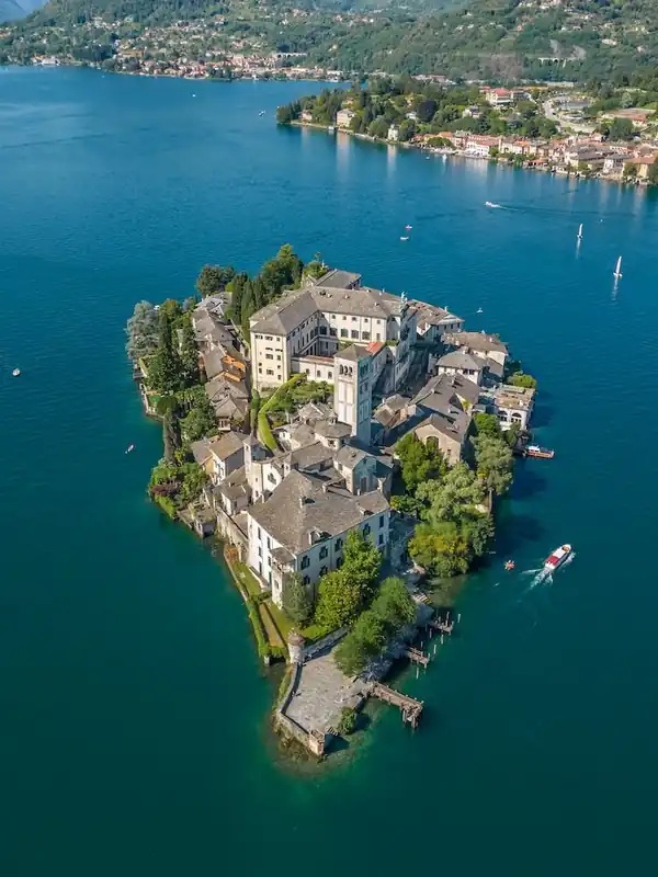 Authentic Lake Orta, island San Giulio. Piedmont, Italy. Drone photography