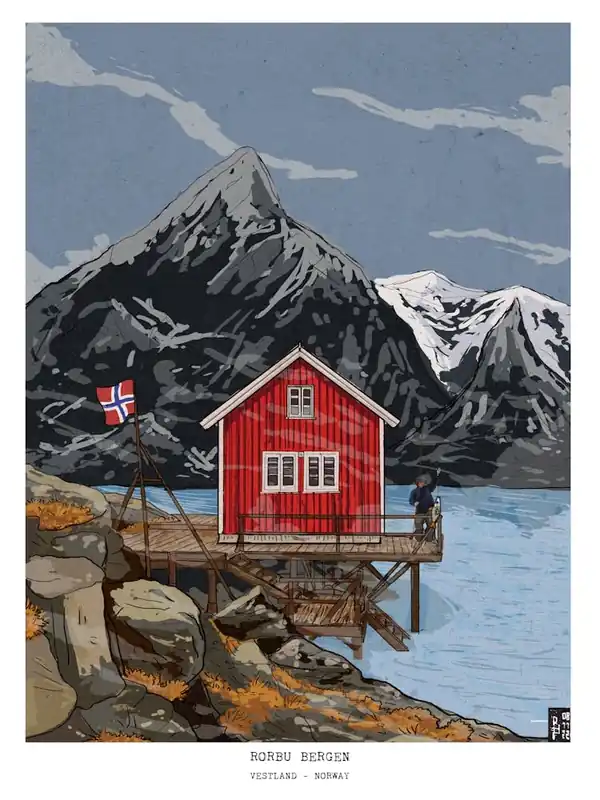 Bergen Norway - Fjord Landscape Wall Art - Norway Travel Print - Whimsical Fine Art, Norwegian Gifts & Souvenirs Authentic