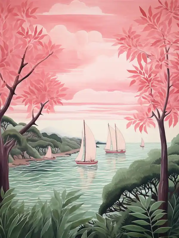 An Illustration In Pink Tones OfOf Sailboats And Fern Vines 3 Reduced Price