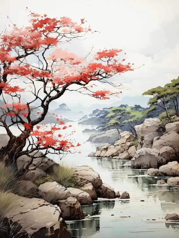 Rikugien Garden In Tokyo, Japanese Brush Painting, Ukiyo E, Minimal 2 Grab Now