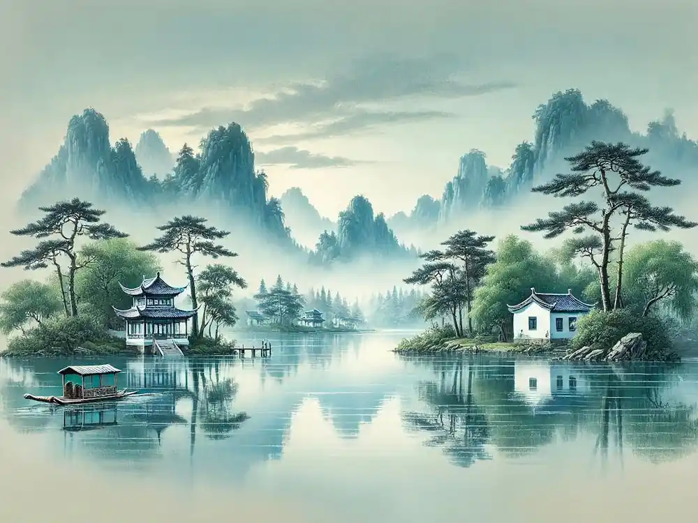 A Serene Traditional Chinese Landscape Painting With Misty Mountains In The Background 1 Reduced Price