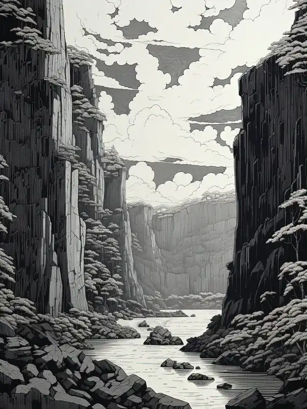 Tojinbo Cliffs In Fukui, Ukiyo E Black And White Line Art Drawing 4 Clearance