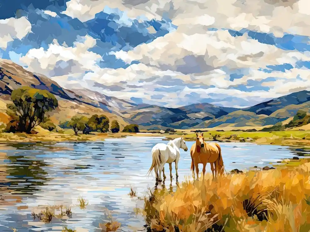 Authentic Horses Painting In Lake District, New Zealand, Landscape 3