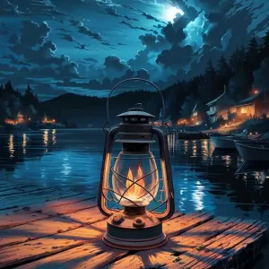 While Supplies Last Anime Canvas Art: Serene Lakeside Lantern at Twilight, Warm Glowing Flame on Rustic Dock, Dramatic Cloudy Sky and Peaceful Village Reflection, Perfect for Cozy Lofi Vibes and Nature Lovers.