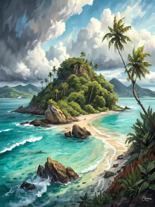 Tropical Island Paradise oil Painting Vibrant Seascape with Palm Trees and Turquoise Water Sale
