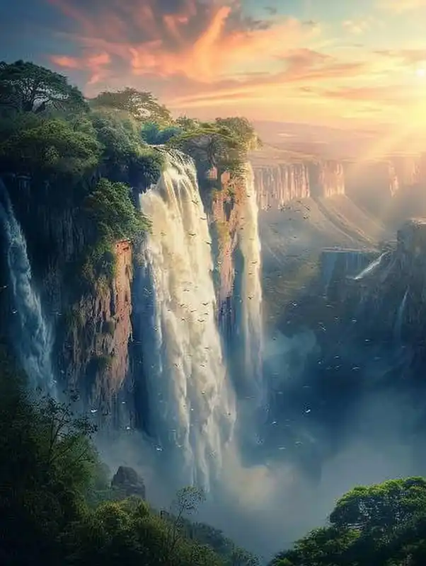 Limited Time A Gigantic Waterfall In An Impressive Landscape, Beautiful Natural Colors, Mysterious Light, Beautiful Nature Scenery, Anime Style