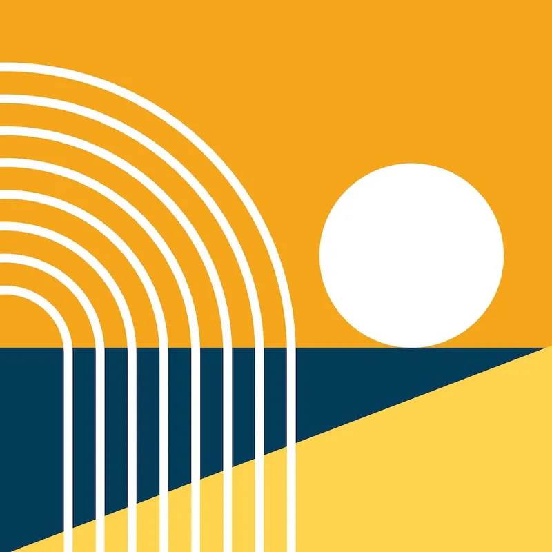 Sun Rise Over The Ocean, Rainbow, Beach Abstract in Mustard Yellow Navy Blue 1 Popular